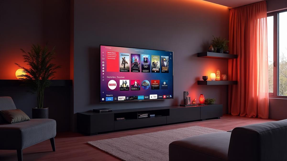 Smart TV displaying IPTV streaming apps in modern living room with Samsung and LG TVs