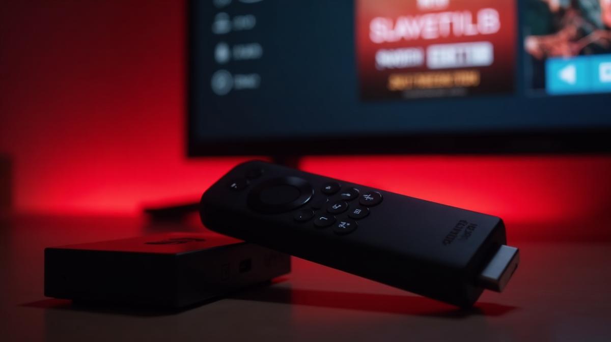 Amazon Firestick with remote showing IPTV streaming app interface on TV screen