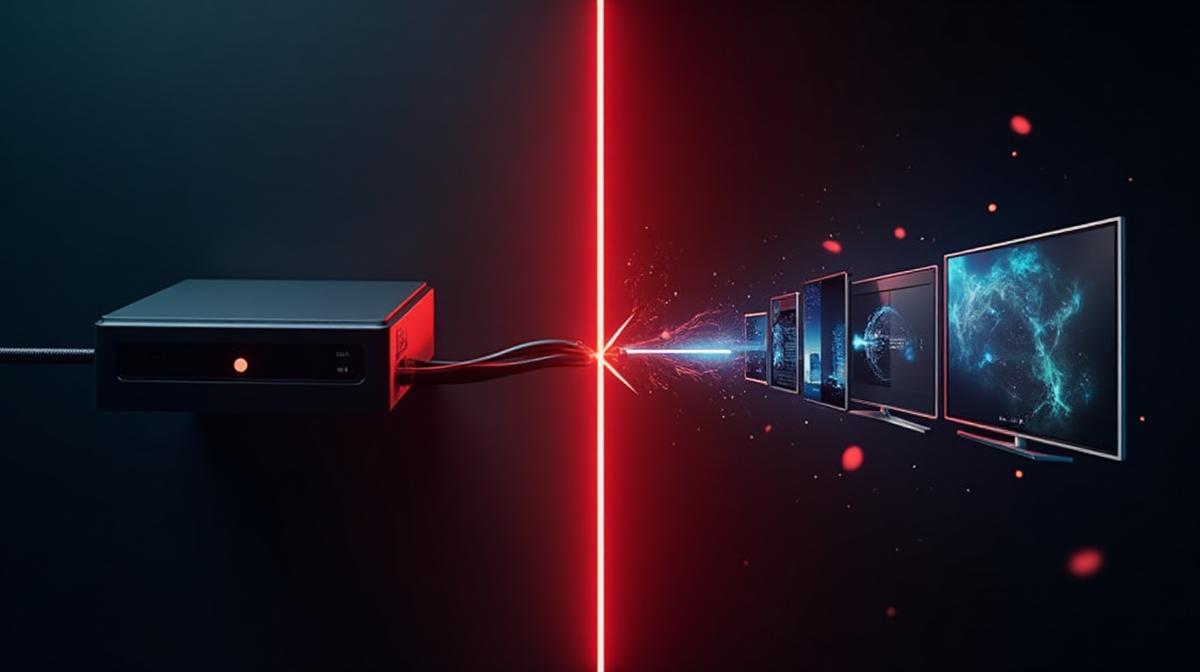 IPTV vs Cable TV comparison showing old cable box versus modern streaming devices with red accent lighting