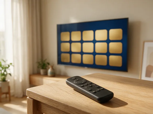 A streaming-stick remote on a wooden table, with a wall-mounted television behind it showing a grid of gold app tiles on a deep indigo background