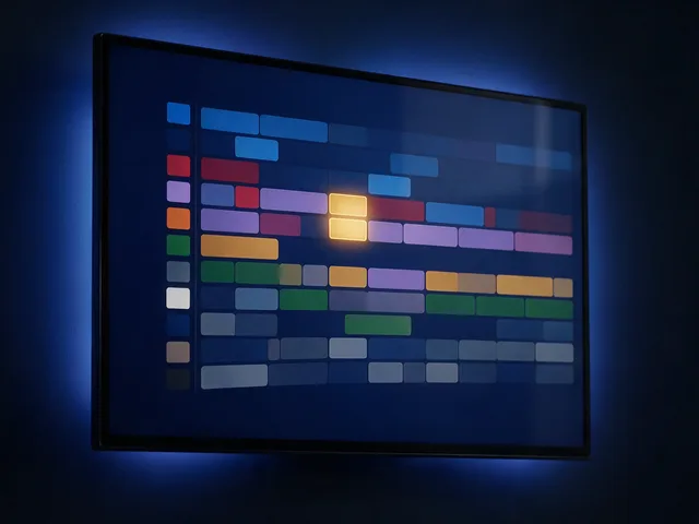 A channel grid on a television showing categories and a programme guide alongside the live picture