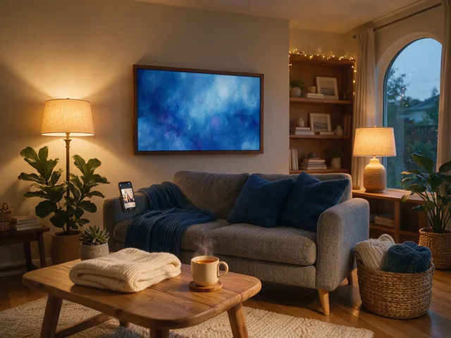 A lamplit living room in the evening, a wall-mounted screen glowing deep blue above the sofa and a phone on the cushion playing a second video