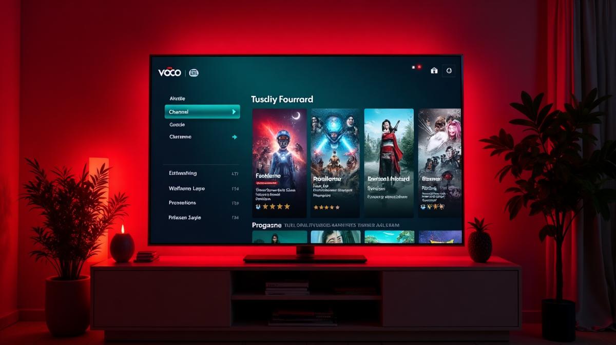 Voco TV interface displayed on 4K Smart TV showing channel grid and movie selections in modern living room