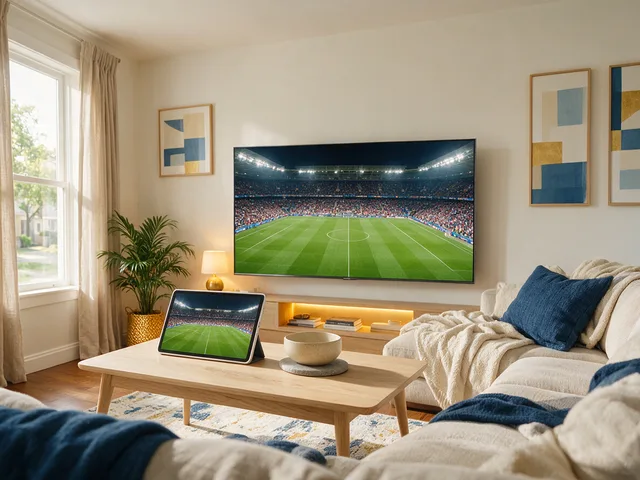A football match playing on a large television with the same fixture on a tablet beside it